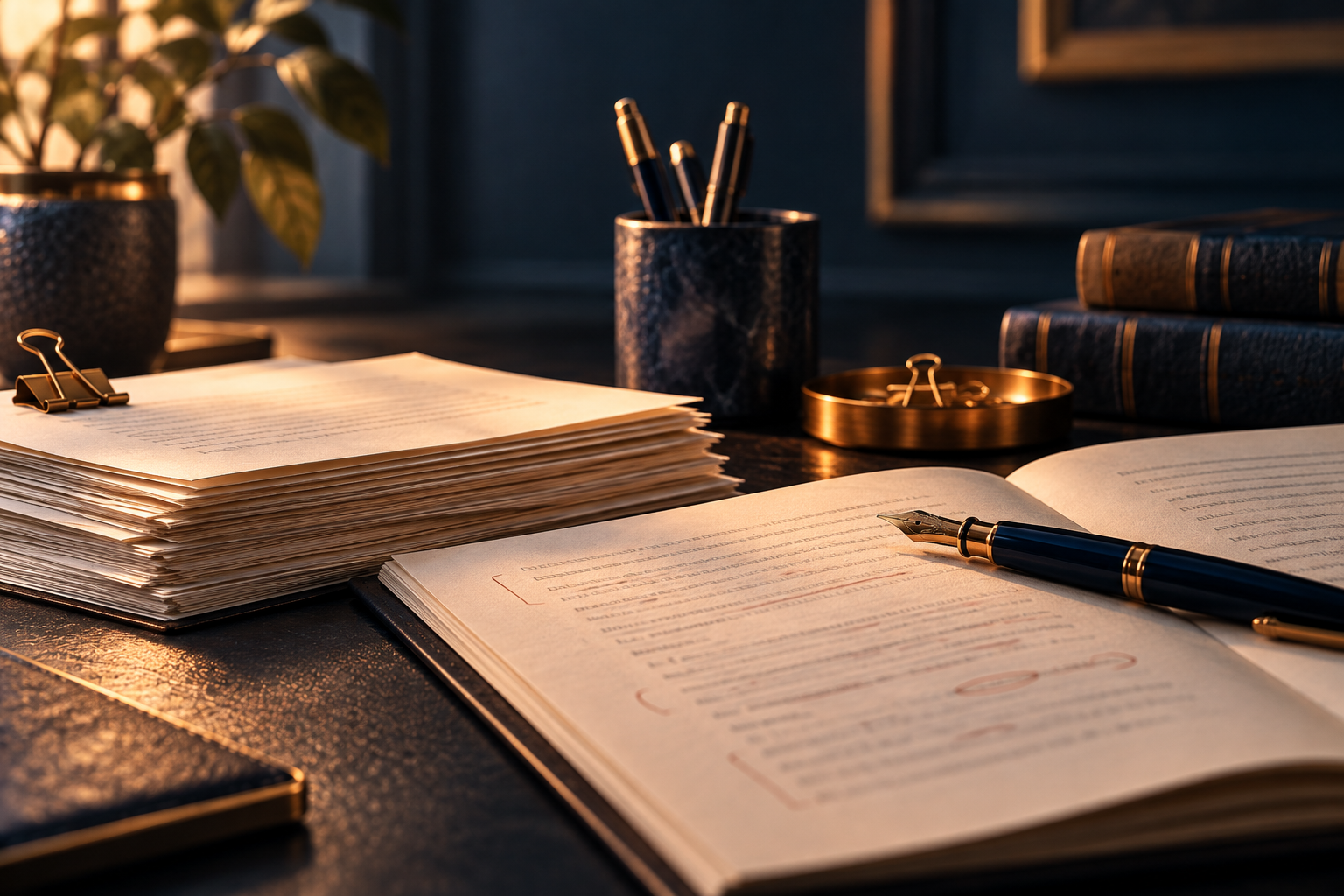 Manuscript pages and editorial notes on a writer’s desk